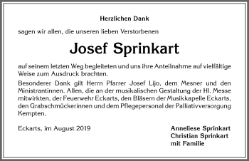 Traueranzeige von Josef Sprinkart von Allgäuer Anzeigeblatt