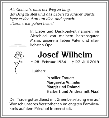 Traueranzeige von Josef Wilhelm von Allgäuer Anzeigeblatt