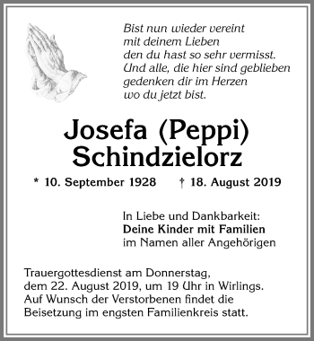 Traueranzeige von Josefa Schindzielorz von Allgäuer Zeitung,Kempten