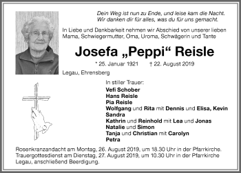 Traueranzeige von Josefa Peppi Reisle von Allgäuer Zeitung,Kempten