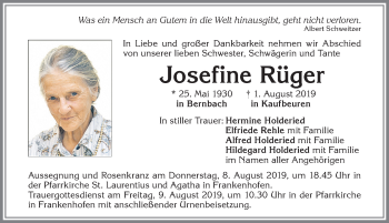 Traueranzeige von Josefine Rüger von Allgäuer Zeitung, Kaufbeuren/Buchloe