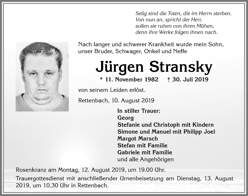  Traueranzeige für Jürgen Stransky vom 10.08.2019 aus Allgäuer Zeitung, Marktoberdorf