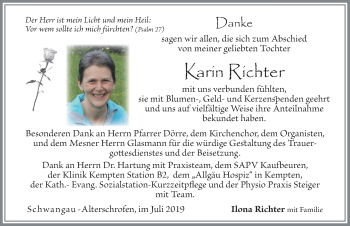 Traueranzeige von Karin Richter von Allgäuer Zeitung, Füssen