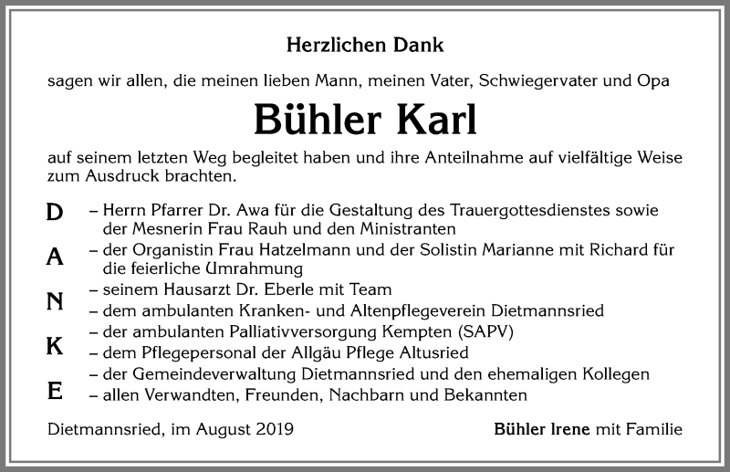  Traueranzeige für Karl Bühler vom 08.08.2019 aus Allgäuer Zeitung,Kempten