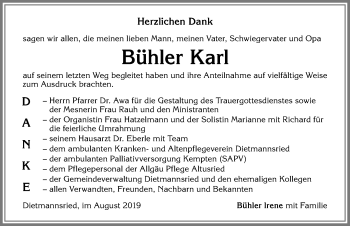 Traueranzeige von Karl Bühler von Allgäuer Zeitung,Kempten