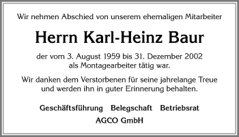 Traueranzeige von Karl-Heinz Baur von Allgäuer Zeitung, Marktoberdorf