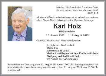 Traueranzeige von Karl Holz von Allgäuer Zeitung,Kempten