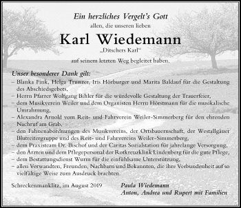 Traueranzeige von Karl Wiedemann von Der Westallgäuer
