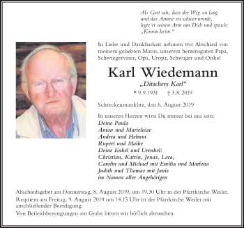 Traueranzeige von Karl Wiedemann von Der Westallgäuer