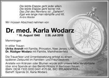 Traueranzeige von Karla Wodarz von Memminger Zeitung