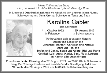 Traueranzeige von Karolina Gabler von Allgäuer Zeitung,Kempten