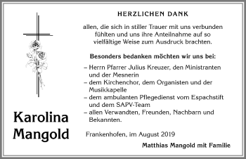Traueranzeige von Karolina Mangold von Allgäuer Zeitung, Kaufbeuren/Buchloe