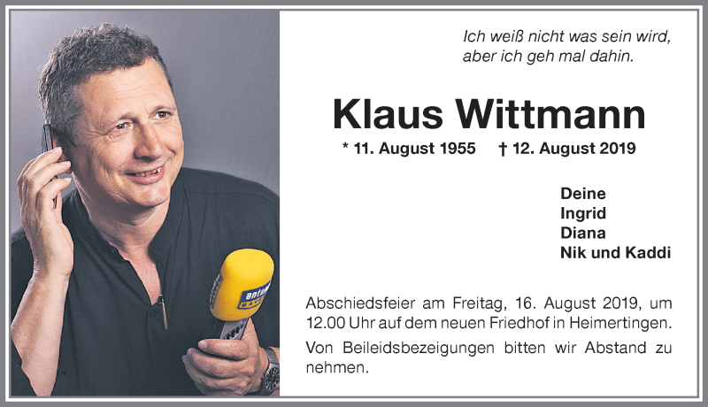  Traueranzeige für Klaus Wittmann vom 14.08.2019 aus Memminger Zeitung