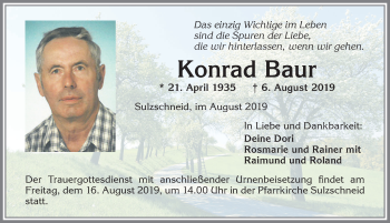 Traueranzeige von Konrad Baur von Allgäuer Zeitung, Marktoberdorf