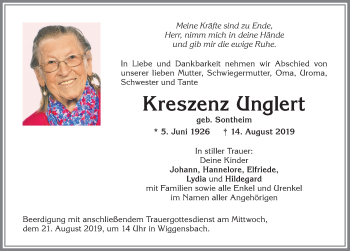 Traueranzeige von Kreszenz Unglert von Allgäuer Zeitung,Kempten