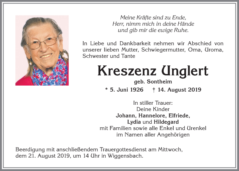  Traueranzeige für Kreszenz Unglert vom 17.08.2019 aus Allgäuer Zeitung,Kempten