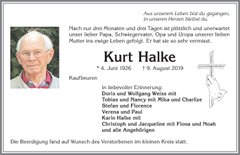 Traueranzeige von Kurt Halke von Allgäuer Zeitung, Kaufbeuren/Buchloe