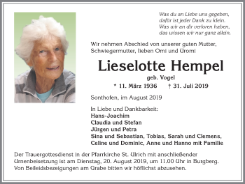 Traueranzeige von Lieselotte Hempel von Allgäuer Anzeigeblatt