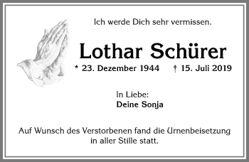 Traueranzeige von Lothar Schürer von Allgäuer Zeitung, Kaufbeuren/Buchloe