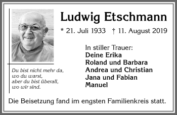 Traueranzeige von Ludwig Etschmann von Allgäuer Zeitung, Kaufbeuren/Buchloe