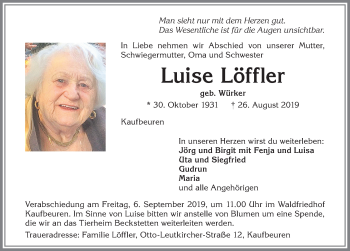 Traueranzeige von Luise Löffler von Allgäuer Zeitung, Kaufbeuren/Buchloe