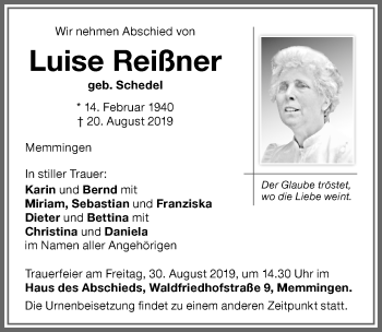 Traueranzeige von Luise Reißner von Memminger Zeitung