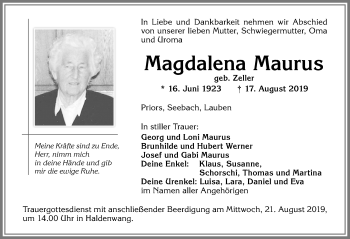 Traueranzeige von Magdalena Maurus von Allgäuer Zeitung,Kempten