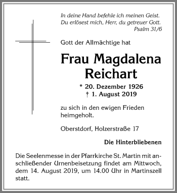 Traueranzeige von Magdalena Reichart von Allgäuer Zeitung,Kempten