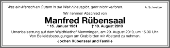 Traueranzeige von Manfred Rübensaal von Memminger Zeitung