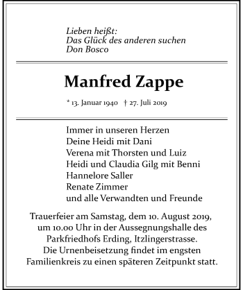 Traueranzeige von Manfred Zappe von Allgäuer Zeitung, Kaufbeuren/Buchloe