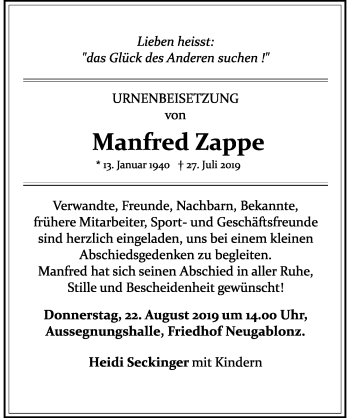Traueranzeige von Manfred Zappe von Allgäuer Zeitung, Kaufbeuren/Buchloe