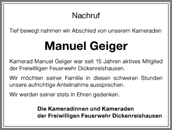 Traueranzeige von Manuel Geiger von Memminger Zeitung