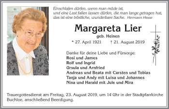 Traueranzeige von Margareta Lier von Allgäuer Zeitung, Kaufbeuren/Buchloe