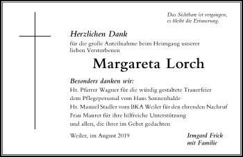 Traueranzeige von Margareta Lorch von Der Westallgäuer