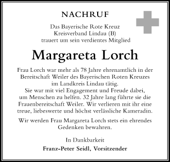 Traueranzeige von Margareta Lorch von Der Westallgäuer