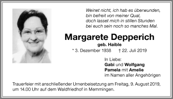Traueranzeige von Margarete Depperich von Memminger Zeitung
