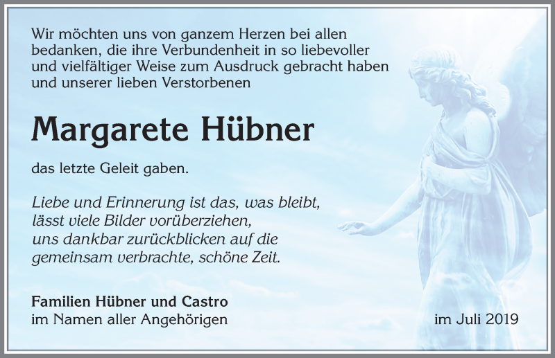  Traueranzeige für Margarete Hübner vom 03.08.2019 aus Allgäuer Zeitung, Kaufbeuren/Buchloe