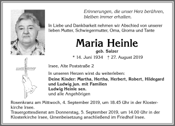 Traueranzeige von Maria Heinle von Allgäuer Zeitung, Kaufbeuren/Buchloe