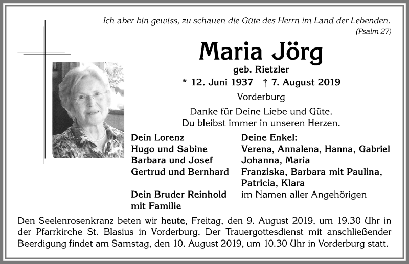  Traueranzeige für Maria Jörg vom 09.08.2019 aus Allgäuer Anzeigeblatt