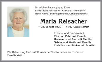Traueranzeige von Maria Reisacher von Allgäuer Zeitung, Kaufbeuren/Buchloe