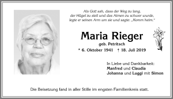 Traueranzeige von Maria Rieger von Allgäuer Anzeigeblatt