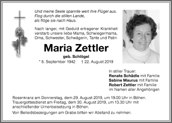 Traueranzeige von Maria Zettler von Memminger Zeitung