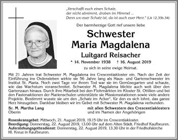 Traueranzeige von Maria Magdalena Luitgard Reisacher von Allgäuer Zeitung, Kaufbeuren/Buchloe