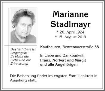 Traueranzeige von Marianne Stadlmayr von Allgäuer Zeitung, Kaufbeuren/Buchloe