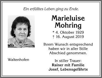 Traueranzeige von Marieluise Mohring von Allgäuer Zeitung,Kempten