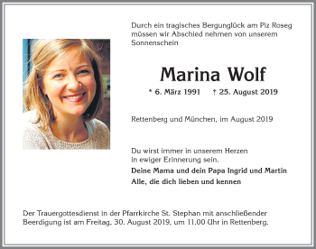 Traueranzeige von Marina Wolf von Allgäuer Anzeigeblatt