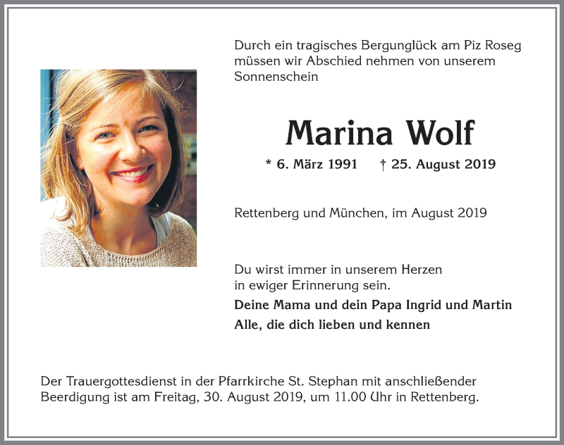  Traueranzeige für Marina Wolf vom 29.08.2019 aus Allgäuer Anzeigeblatt