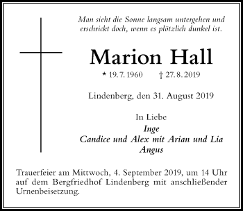 Traueranzeige von Marion Hall von Der Westallgäuer