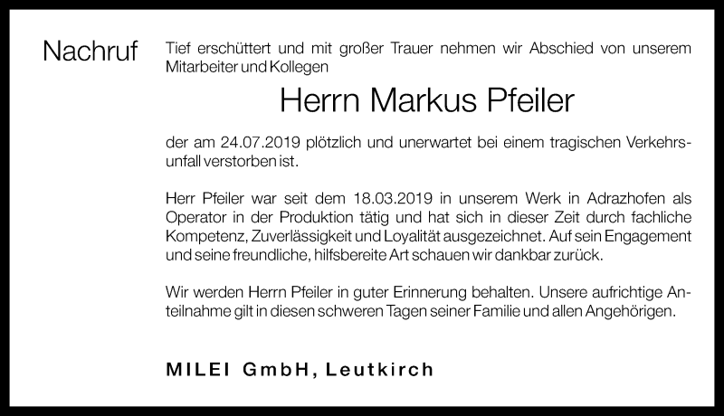  Traueranzeige für Markus Pfeiler vom 13.08.2019 aus Allgäuer Zeitung, Marktoberdorf