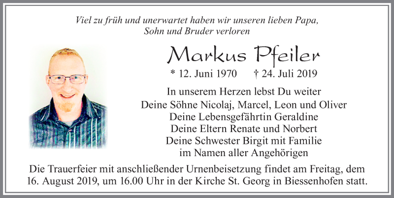  Traueranzeige für Markus Pfeiler vom 13.08.2019 aus Allgäuer Zeitung, Marktoberdorf